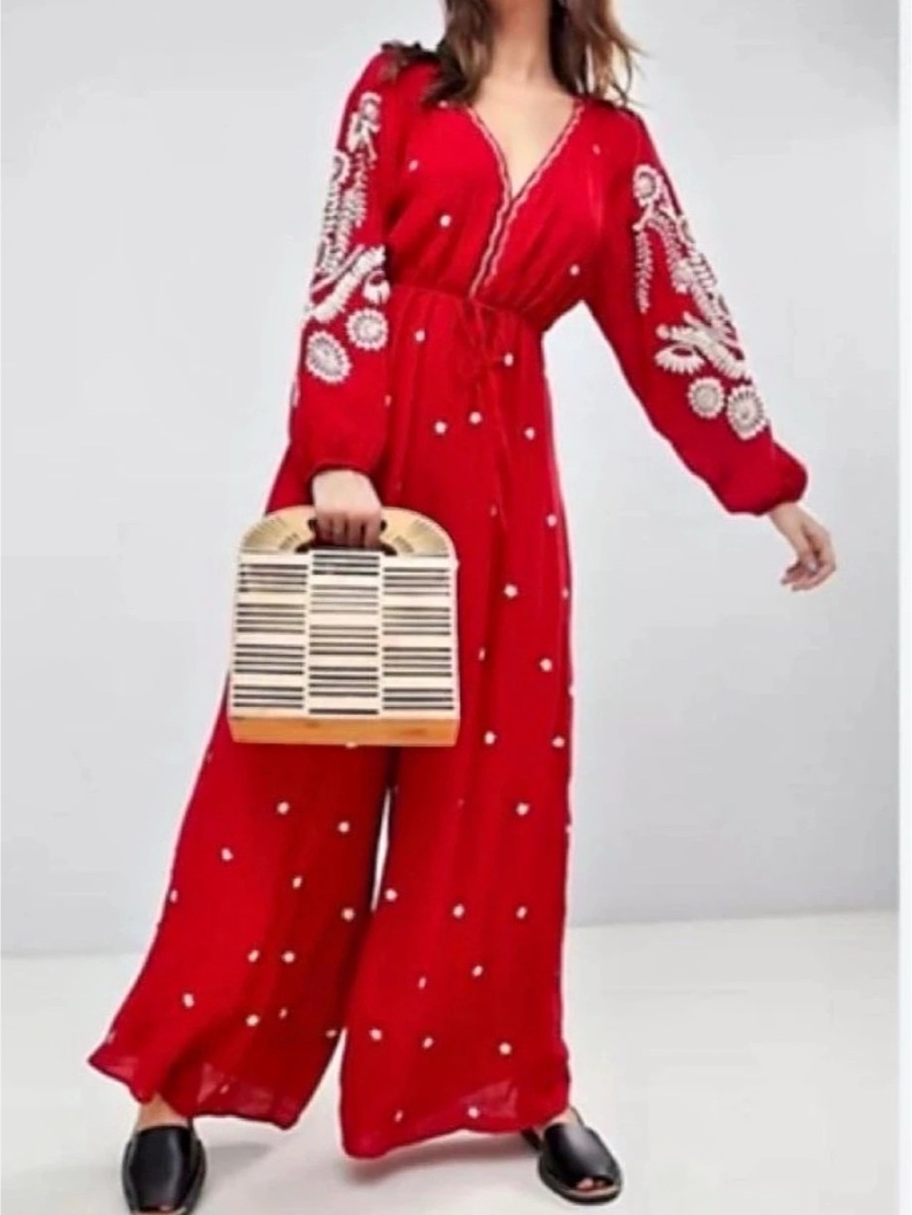 Free People Red Floral Embroidered Wide Leg Jumpsuit Size Medium